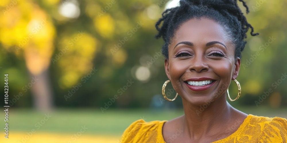 Woman with a broad smile, showing off her teeth. She's wearing yellow and has gold hoop earrings. Woman with a broad smile, showing off her teeth. She's wearing yellow and has gold hoop earrings.