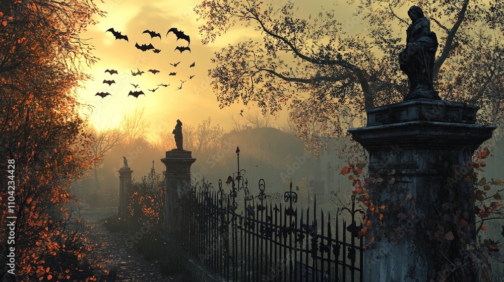 Fototapeta premium Cemetry and iron fence with bats flying around it