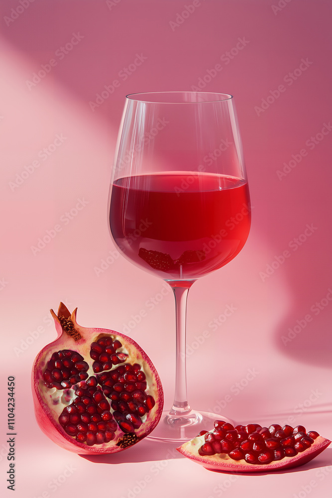 Pomegranate Juice and Fruit Close-Up, Fresh Pomegranate Juice with Halves Pomegranate Juice and Fruit Close-Up, Fresh Pomegranate Juice with Halves