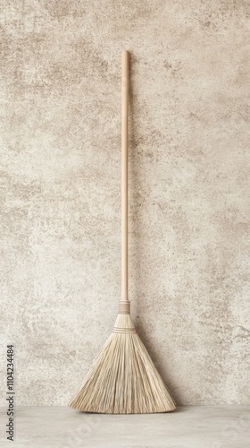 Natural broom resting against a textured wall with delicate flowers beside it photo