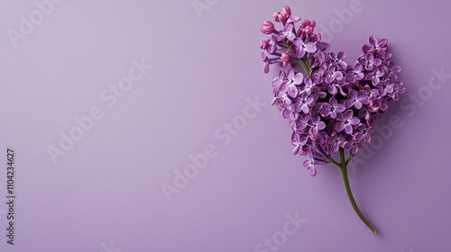 A single vibrant purple lilac blossom on a muted lavender-gray background, detailed close-up shot, Minimalist style