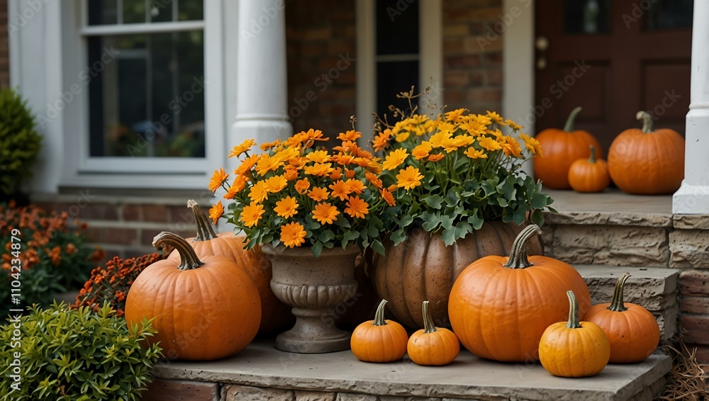 Fototapeta premium Autumn decorations featuring pumpkins and flowers.
