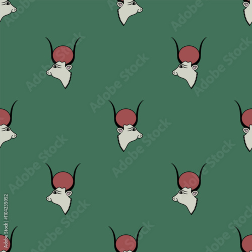 Seamless ethnic animal pattern with heads of ancient Egyptian sacred cow. Goddess Hesat or Hathor.
