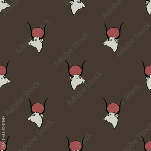 Seamless ethnic animal pattern with heads of ancient Egyptian sacred cow. Goddess Hesat or Hathor.