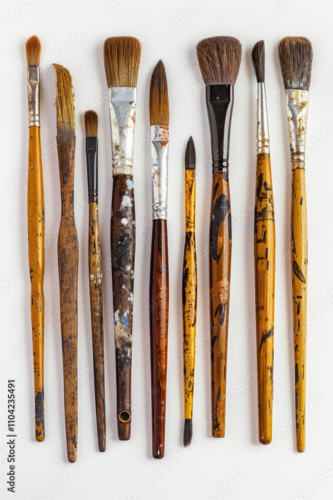 A variety of paint brushes displayed in a row, showing different sizes and types, commonly used for oil or acrylic painting. A variety of paint brushes displayed in a row, showing different sizes and types, commonly used for oil or acrylic painting.