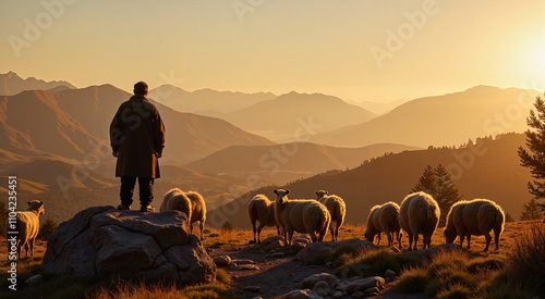 Shepherd standing on a rock overlooking a flock of sheep at sunset in the mountains