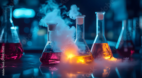 Colorful laboratory setup with glass flasks producing steam during a chemistry experiment at night