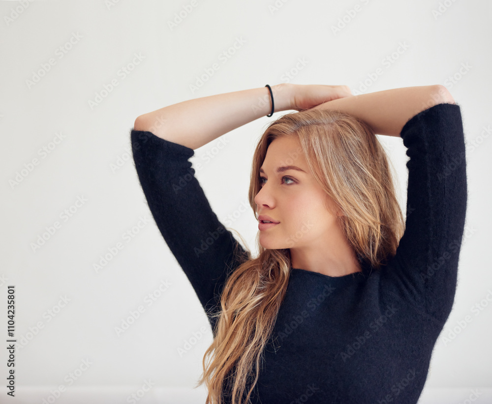 Face, mockup and thinking with woman in studio isolated on white background for planning or vision. Contemplation, future and idea with confident model on space for memory of the past or nostalgia Face, mockup and thinking with woman in studio isolated on white background for planning or vision. Contemplation, future and idea with confident model on space for memory of the past or nostalgia