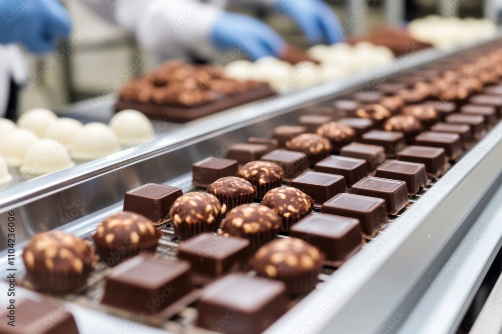 Chocolate balls move along conveyor belt in a factory during production process Chocolate balls move along conveyor belt in a factory during production process