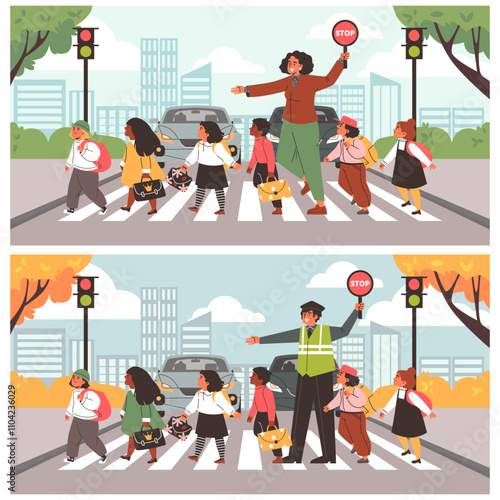 Vector illustration of two banners with children crossing the roadway on a pedestrian crossing.