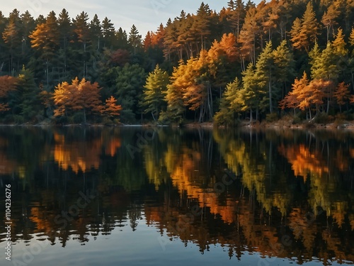 Autumn forest reflecting on a calm lake at sunrise.