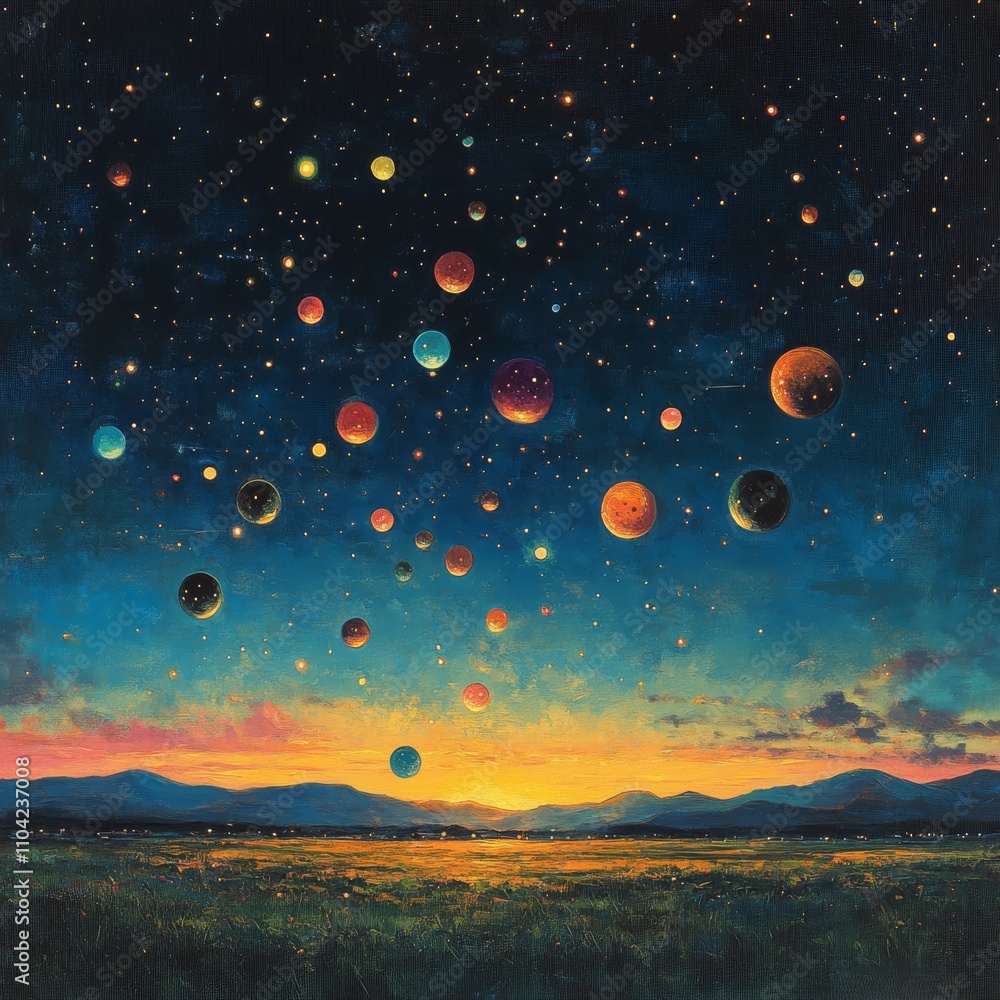 Fototapeta premium Colorful Planets Hovering Over a Peaceful Landscape at Sunset