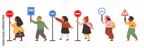 Children with different road signs.