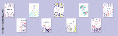 Floral Romantic Greeting Card for Valentine Day Vector Set
