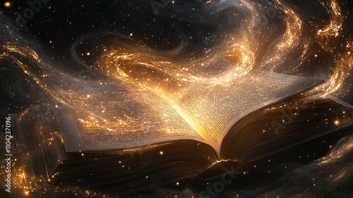 An open book with pages turning to cosmic dust, symbolizing the beauty of knowledge and wonder against a black background. The book is bathed in golden light