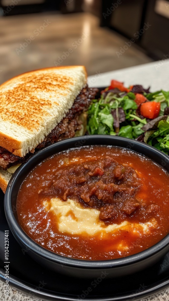 A plate featuring a toasted sandwich, soup, and a fresh salad. A plate featuring a toasted sandwich, soup, and a fresh salad.