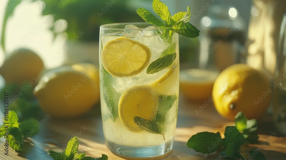 Fototapeta premium A refreshing, minty lemonade with ice cubes, served in a glass. The drink is garnished with fresh sliced lemons.