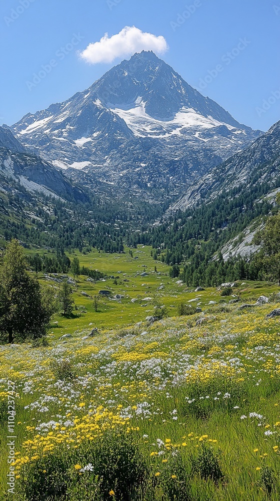 A serene mountain landscape with a vibrant meadow and snow-capped peaks under a clear blue sky. A serene mountain landscape with a vibrant meadow and snow-capped peaks under a clear blue sky.