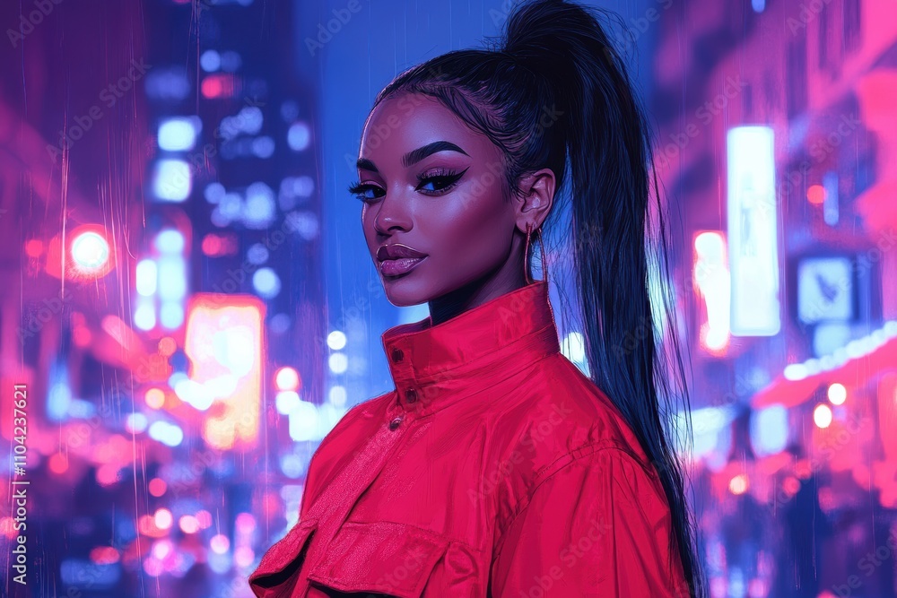 A stylish individual poses in a vibrant, neon-lit urban setting. A stylish individual poses in a vibrant, neon-lit urban setting.