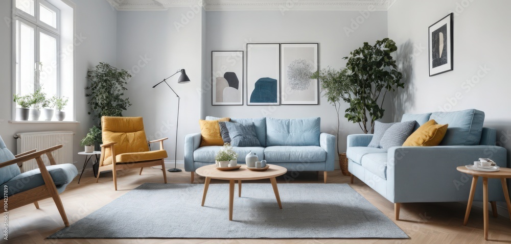 Dark blue sofa and recliner chair in scandinavian apartment with Interior design of modern living room Dark blue sofa and recliner chair in scandinavian apartment with Interior design of modern living room