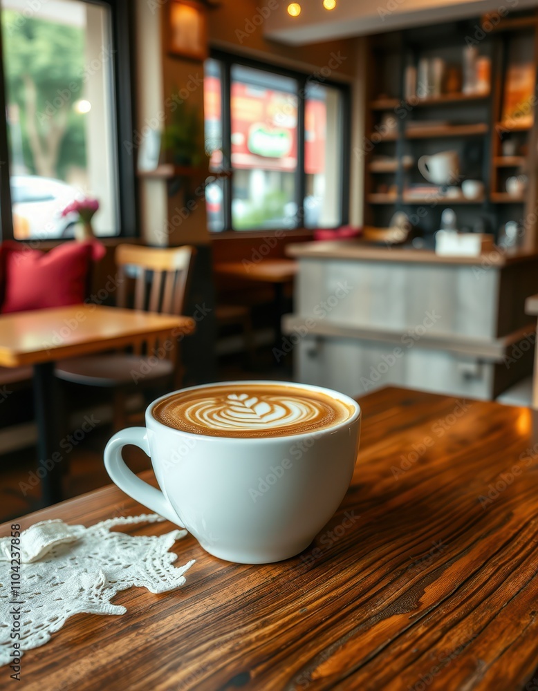Cozy coffee shop with latte art on wooden table, perfect for relaxation and conversation Cozy coffee shop with latte art on wooden table, perfect for relaxation and conversation