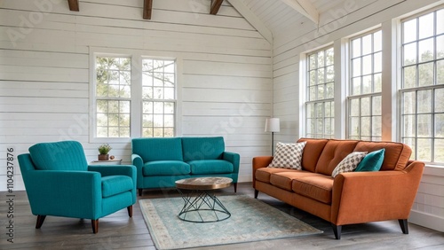 A modern loft featuring teal armchairs paired with a burnt orange sofa, framed by a white shiplap wall