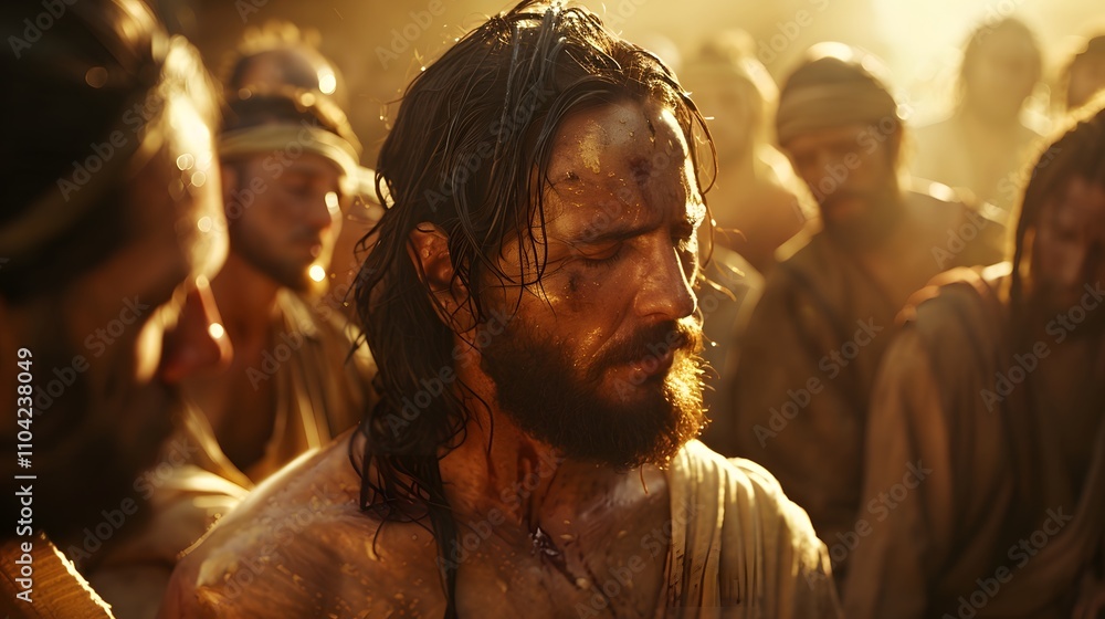 A calm scene of Jesus praying over a man with dropsy, His disciples gathered around in silent support, soft golden sunlight streaming through the background, the man’s face showing visible relief, A calm scene of Jesus praying over a man with dropsy, His disciples gathered around in silent support, soft golden sunlight streaming through the background, the man’s face showing visible relief,