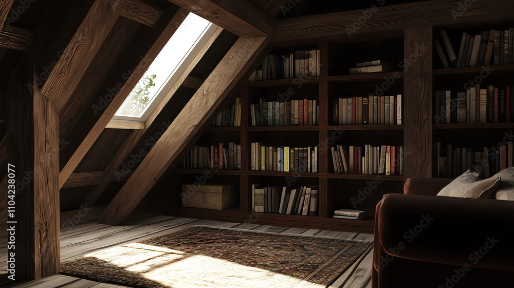 Cozy attic reading nook adorned with bookshelves and natural light for a peaceful retreat Cozy attic reading nook adorned with bookshelves and natural light for a peaceful retreat