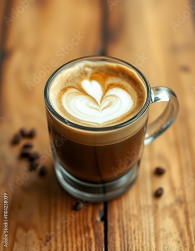 Beautiful latte art in a glass cup on a wooden table with coffee beans scattered photo