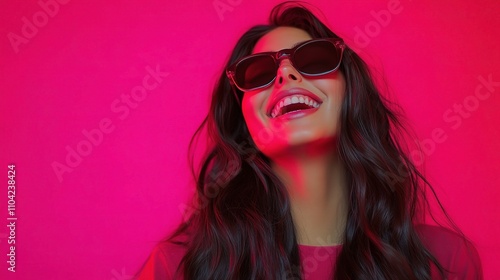 Smiling Woman in Sunglasses Against Vibrant Pink Background