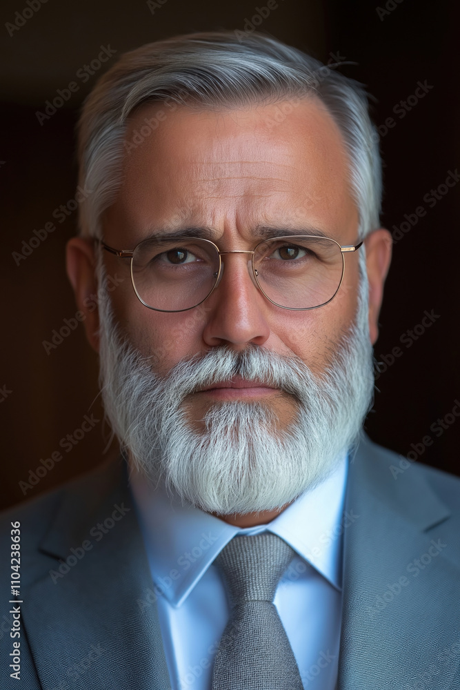 Distinguished man with gray beard and glasses in a suit against a dark backdrop Distinguished man with gray beard and glasses in a suit against a dark backdrop