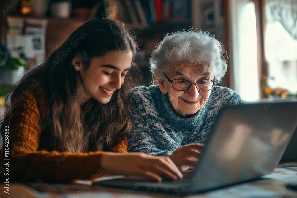 A young woman is sitting at the table with her grandmother. A young woman is sitting at the table with her grandmother.