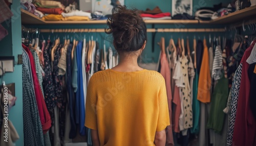 Unrecognizable Woman Sorting Clothing And Tidying Up In Her Closet, Selecting Items For Sale, Seen From Behind. photo