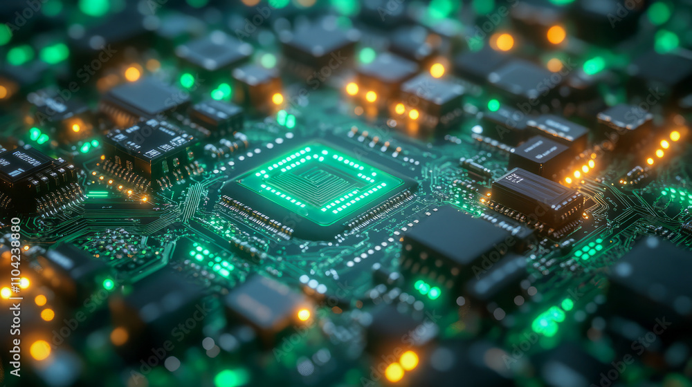 Close-up of glowing circuit board with microchips and electronic components Close-up of glowing circuit board with microchips and electronic components
