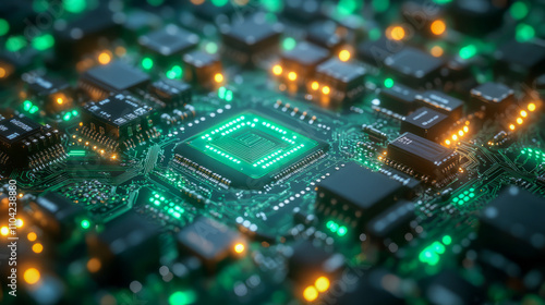 Close-up of glowing circuit board with microchips and electronic components