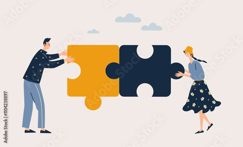 People pushing huge pieces of one puzzle towards each other. Teamwork concept vector illustration. 
