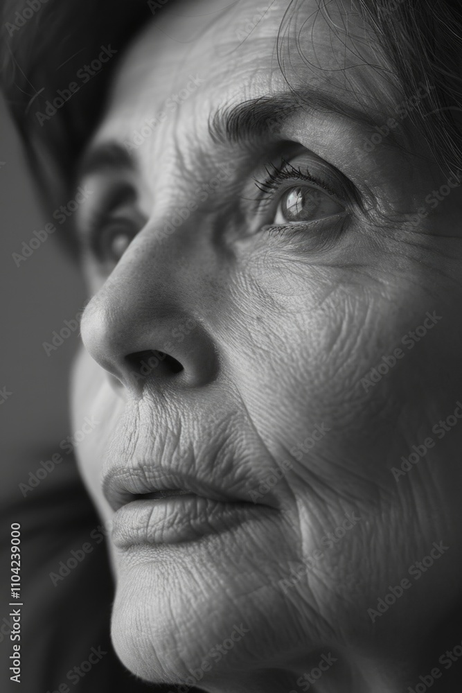 A black and white portrait of a mature woman contemplating, highlighting facial features such as wrinkles, expression, and earrings. A black and white portrait of a mature woman contemplating, highlighting facial features such as wrinkles, expression, and earrings.