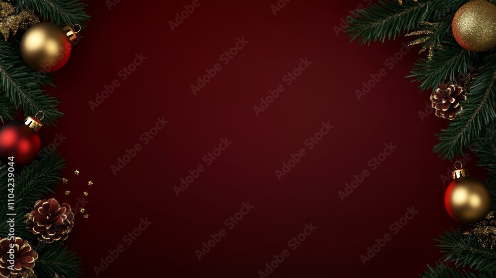 A festive landscape of lush fir branches adorned with shimmering cones and vibrant balls, all set against a warm, inviting red backdrop of Christmas cheer. A festive landscape of lush fir branches adorned with shimmering cones and vibrant balls, all set against a warm, inviting red backdrop of Christmas cheer.