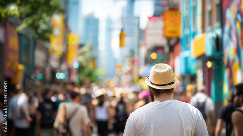 Busy Urban Street Scene with Person Wearing Straw Hat in Summer