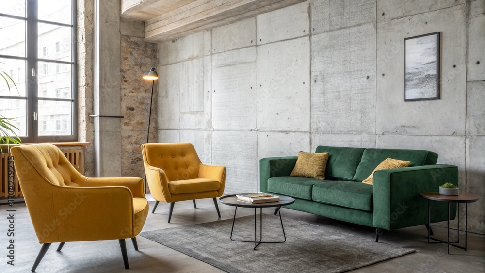 Fototapeta premium Minimalist loft living room with mustard yellow armchairs near a forest green sofa against a rustic brick wall