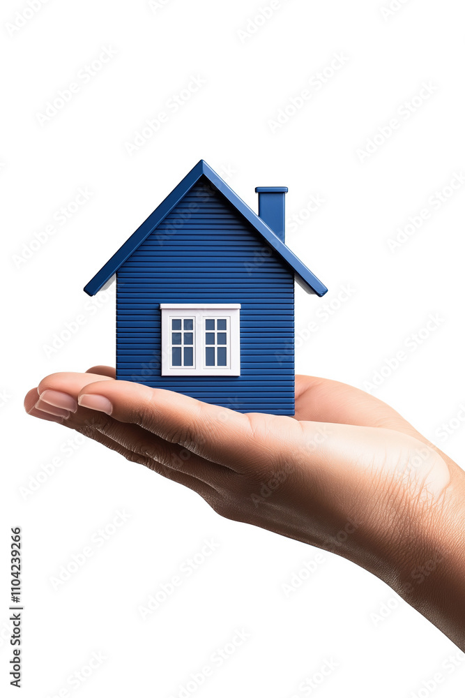 Blue house model held in hand symbolizes home ownership and real estate investment Blue house model held in hand symbolizes home ownership and real estate investment