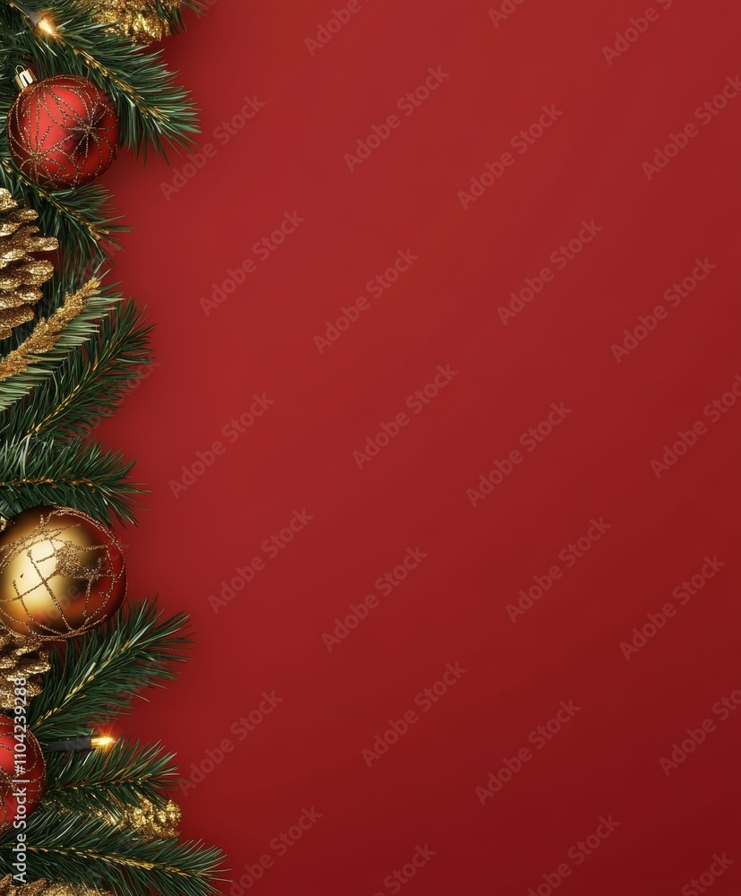 A festive Christmas tree adorned with shimmering red and gold ornaments, set against a warm red backdrop, radiating holiday cheer and joy. A festive Christmas tree adorned with shimmering red and gold ornaments, set against a warm red backdrop, radiating holiday cheer and joy.