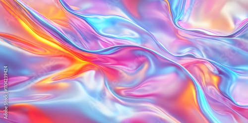 3D render of a colorful iridescent holographic background. Colorful abstract fluid liquid waves with a hologram effect, holography, a shiny wavy cloth texture.
