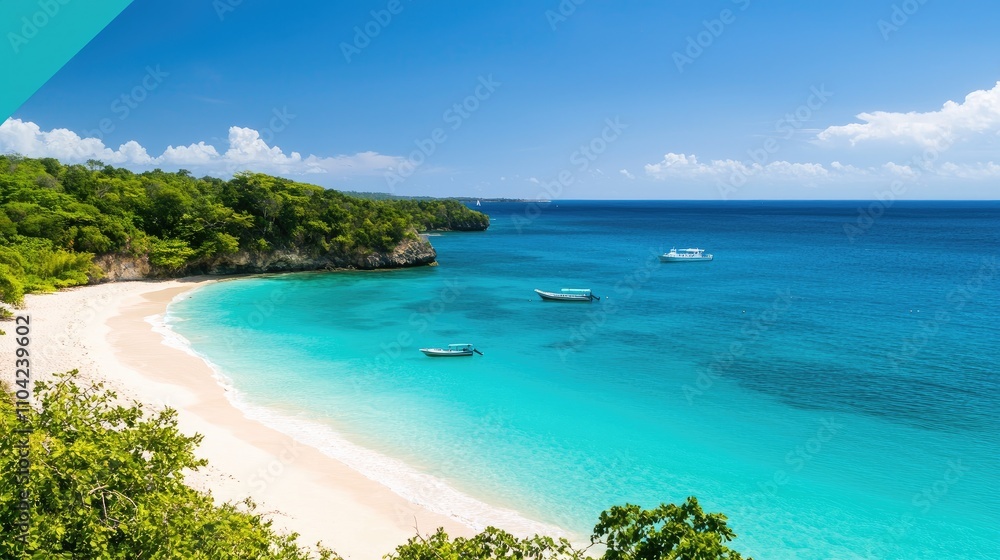 Serene Tropical Beach with Clear Water and Lush Green Landscapes Serene Tropical Beach with Clear Water and Lush Green Landscapes