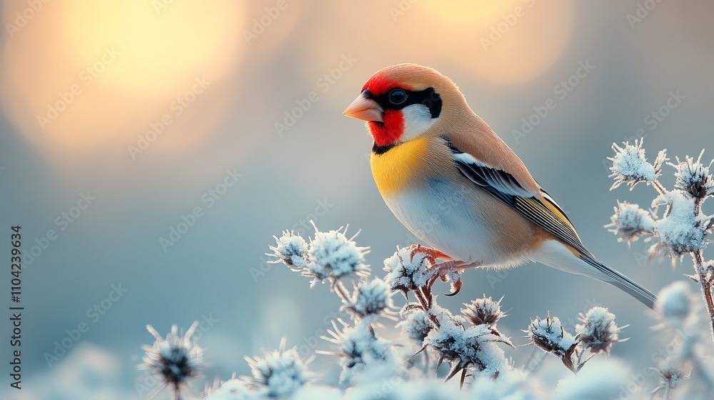 A Vibrant Bird Perched on a Frosted Plant in Winter's Embrace A Vibrant Bird Perched on a Frosted Plant in Winter's Embrace
