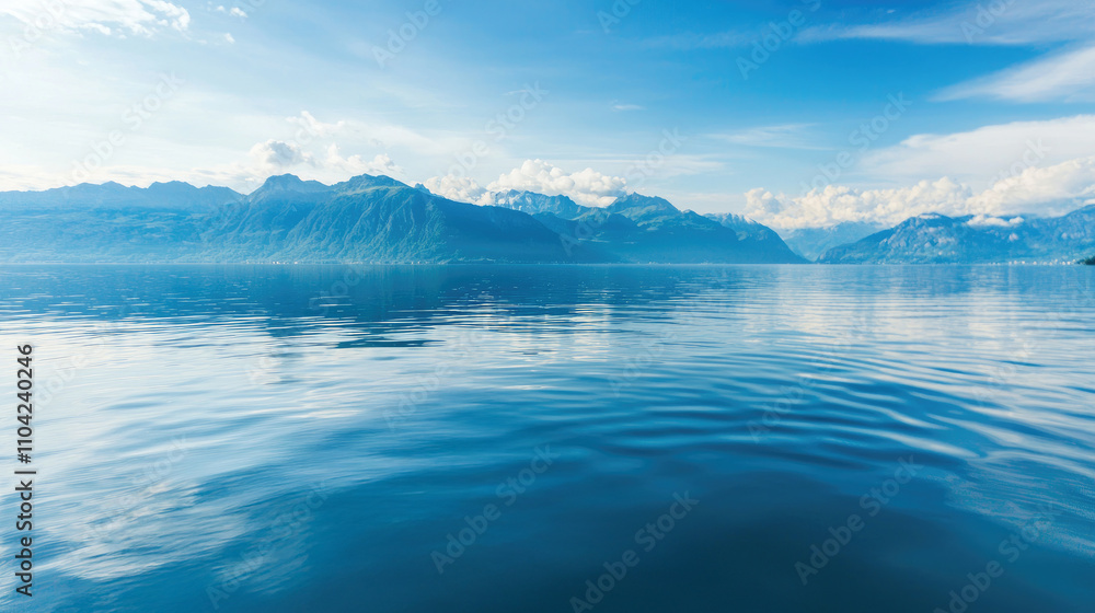 Fototapeta premium Serene Waters of a Lake Surrounded by Majestic Mountains Under Sky