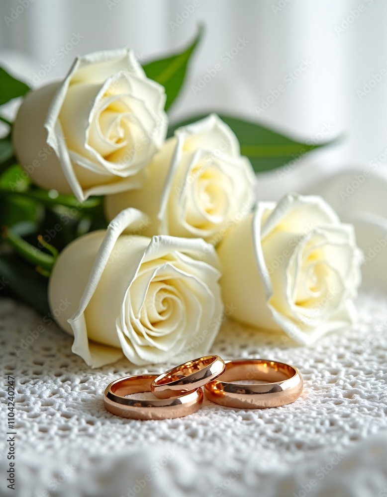 Elegant Wedding Rings with White Roses on Lace Elegant Wedding Rings with White Roses on Lace