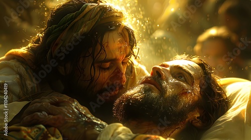 A powerful moment as Jesus heals a man with dropsy, divine light shining brightly around them, the man’s swollen limbs visibly healing, expressions of awe and relief, detailed facial features, photo