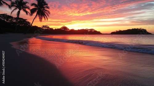 Breathtaking Sunset Over Tropical Beach with Palm Trees and Waves