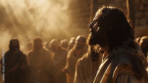 A powerful scene of Jesus addressing a group of Pharisees, the healed man standing beside Him, swelling gone, the Pharisees’ faces filled with disbelief, soft beams of sunlight highlighting Jesus,